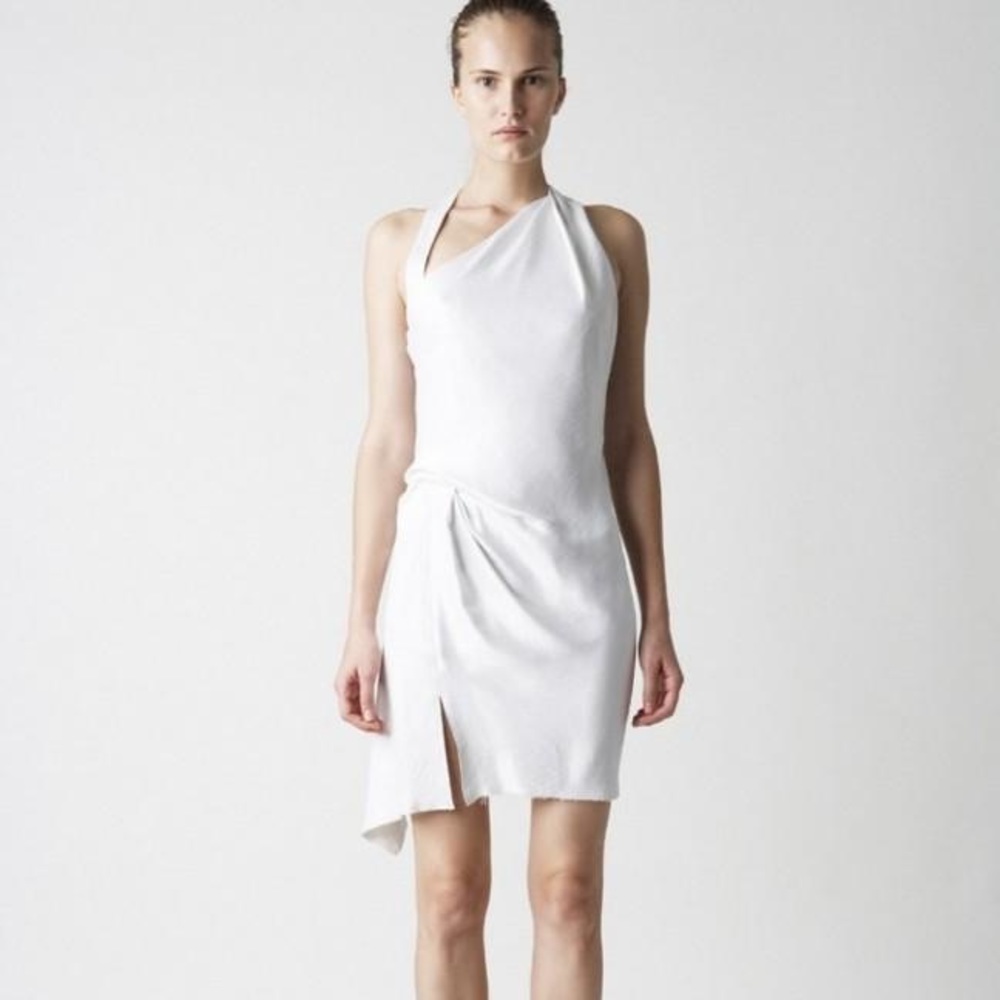 HELMUT LANG Mini dress: black linen with cream lamb leather and silk lining